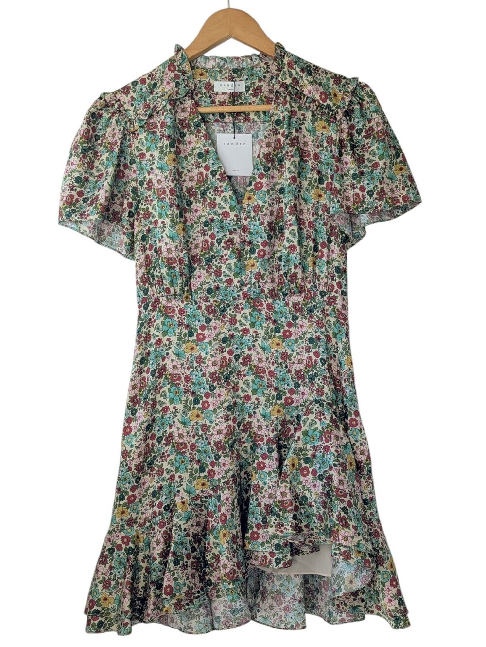 Sandro Floral Ruffled Short Sleeve Dress